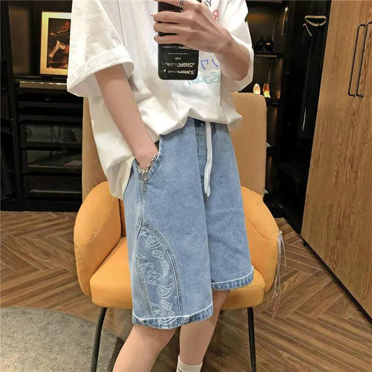 Cashew Flower Denim Shorts Men's Summer Thin Wide-leg Pants Wild Straight Loose Five-point Pants