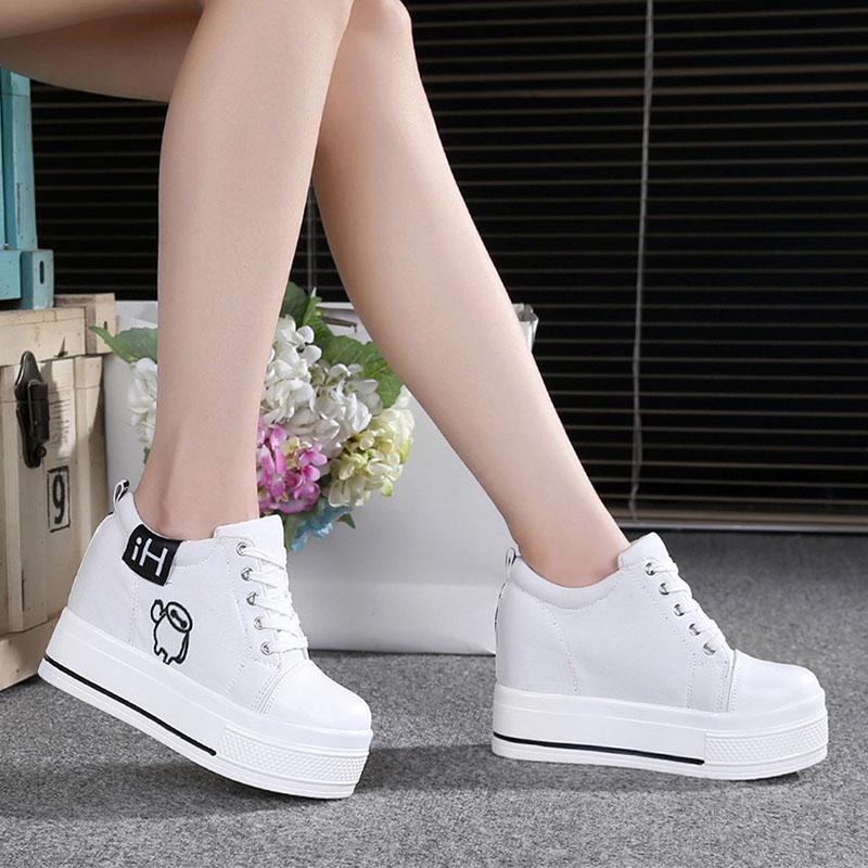 Women's  Canvas Shoes Wedges Heel Thick Bottom Increased Casual Shoes High-heeled Platform Lace Up Wedge Sneakers