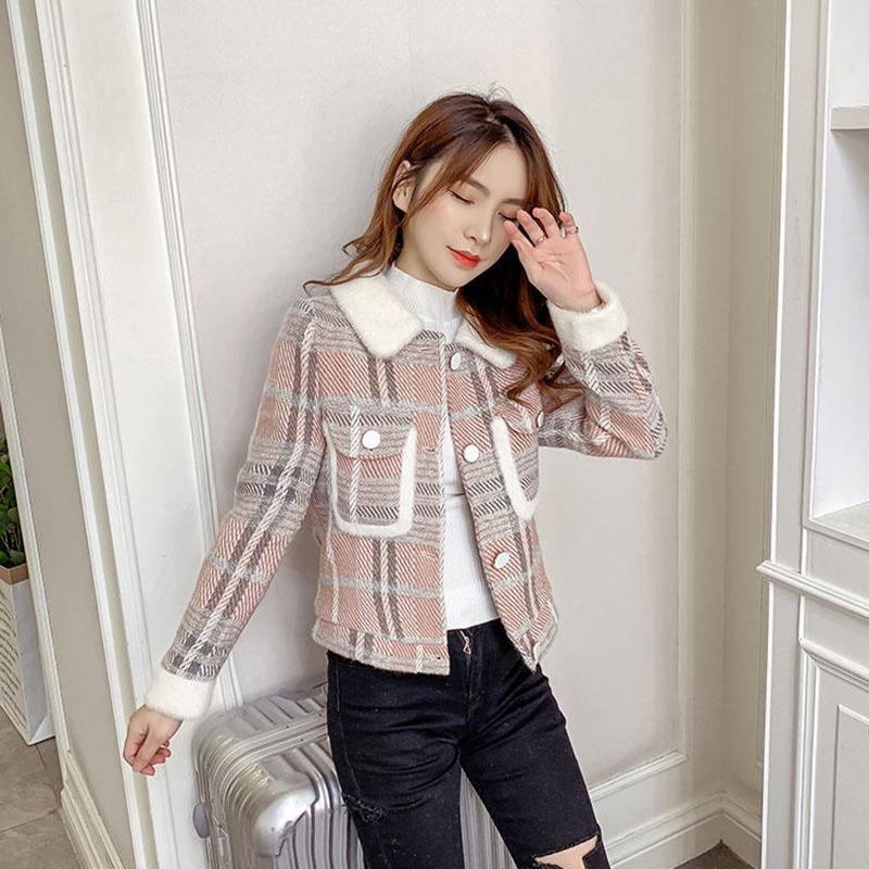 Winter Korean Style Plaid Fur Collar Casual Loose Jacket Women Fashion All-match Straight Short Top