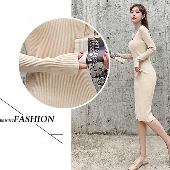 Winter Mercerized Cotton Temperament Goddess Fan Sweater Knit Dress V-neck Long-sleeved Slim Slimming Black Hip Skirt