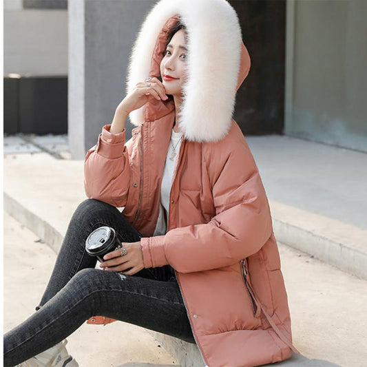 Women's Solid Color Down Jacket Mid-length Korean Loose Thick Coat Warm Cotton Coat Big Fur Collar Winter Clothes Quilted Coat