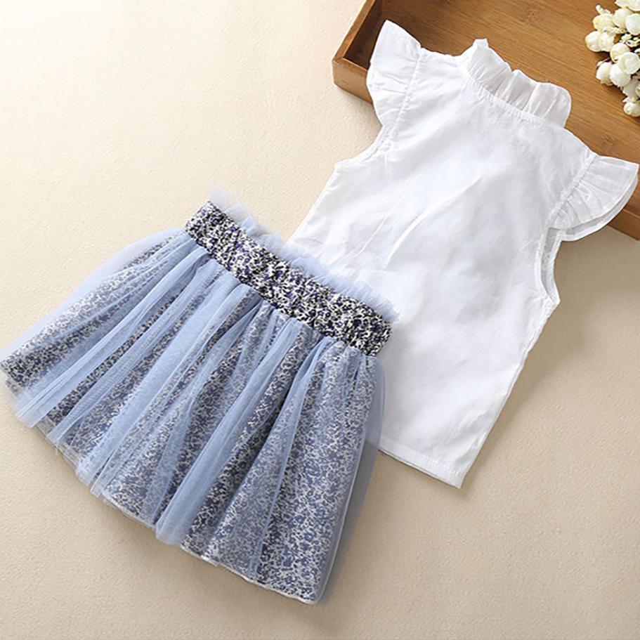 Girls Clothing Sets Summer Sleeveless Bow Ruffle Embroidery T-shirt+Print Bow Skirt 2Pcs for Kids Clothing Sets Baby Clothes Outfits Suit