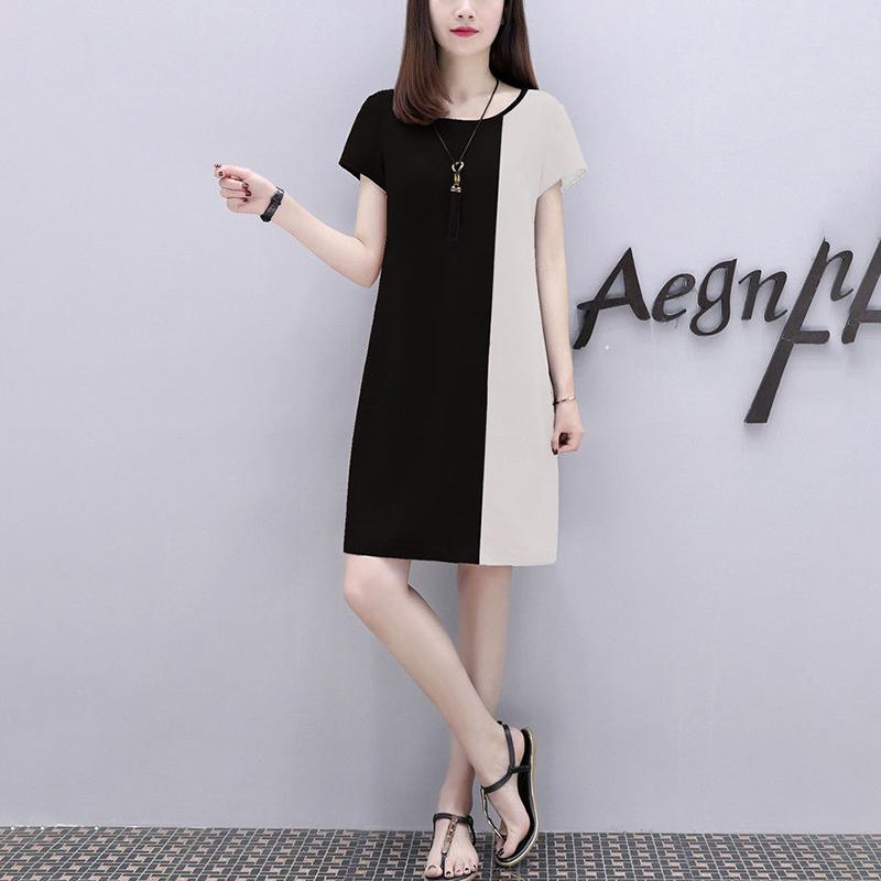 Round Neck Short-sleeved A-line Skirt Loose Dress Women's Summer Loose Loose and Thin Cover Meat Casual Skirt Stitching Color Dress