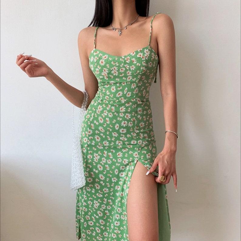 Floral Print Strap Slit Midi Dress In Green, Pink, Black Korean Fashion Women Daisy Summer Casual Sleeveless Vacation Holiday Retro Beach