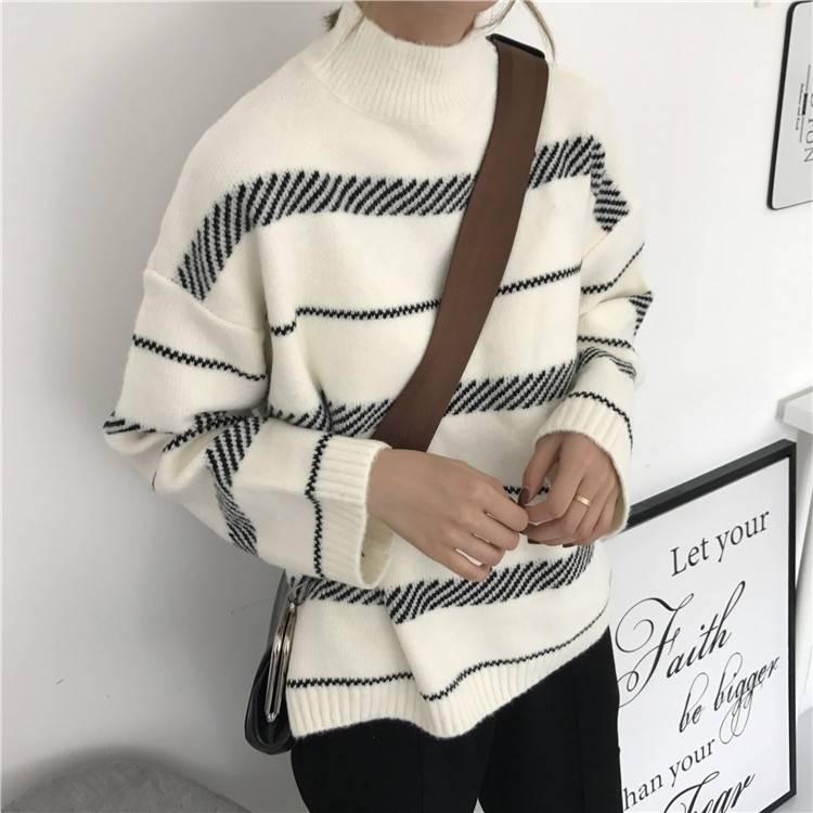 Pofulove Autumn Winter Pullover Striped Turtleneck Short Sweater Female Loose Long-sleeved Sweater