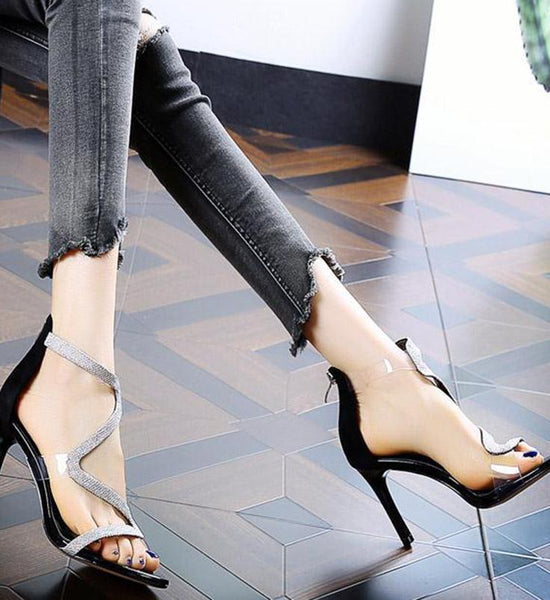 European and American Sequins Open Toe Zipper Color Matching Party Dress Shoes Summer Stiletto Sandals Female High Heels