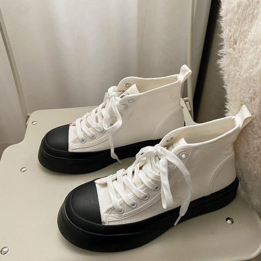 Japanese Big Head Small White Shoes Women Wild Retro Soft Girl Cute Thick-soled High-top Canvas Shoes Women