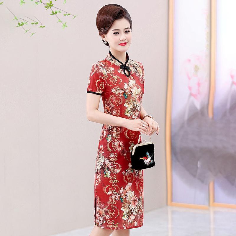 Summer Improved Cheongsam Female Mother Dress Retro Short-sleeved Dress Mid-length Middle-aged and Elderly Printed Cheongsam Dress