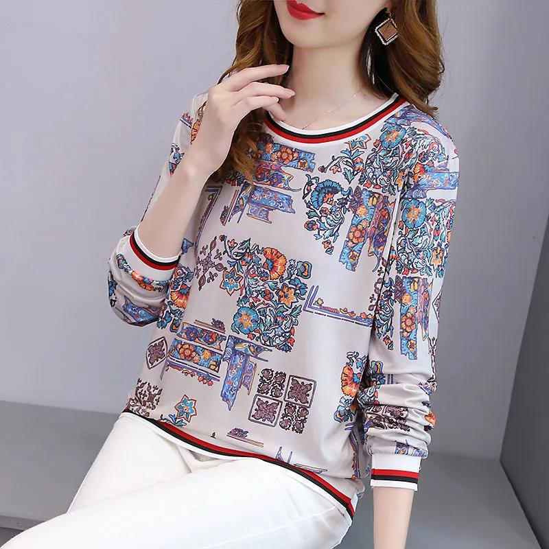 Spring and Autumn Women's Long Sleeve T-Shirt Large Size Loose Round Collar Versatile Tops Female Casual Printed Blouse