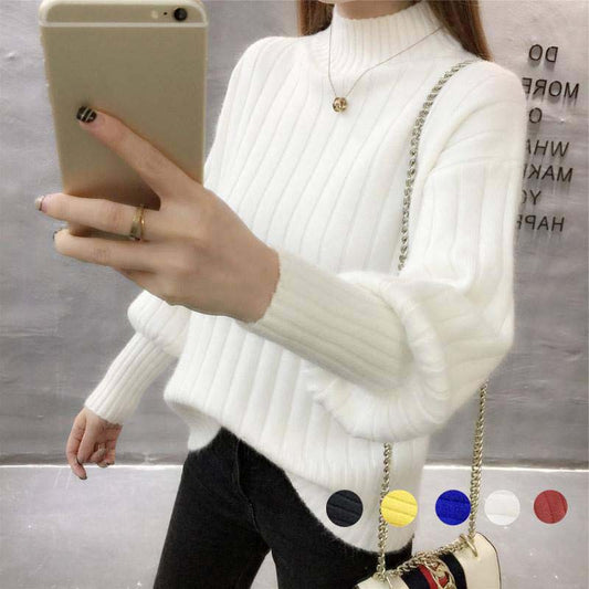 Winter Women Puff Sleeve Half Turtleneck Pullover Sweater Slim Sexy Soft Knitt Sweatshirts