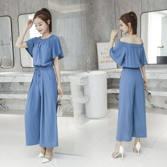 One-shoulder Women's High-waist Wide-leg Pants One-shoulder Short-sleeved Top Suit Two-piece Large Size Wide-leg Pants Two-piece