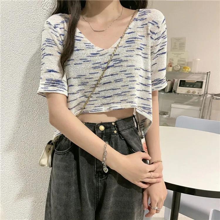 Women's Knitwear Summer Thin V-neck Hollow Out Short-Sleeve Shirt Temperament Short Loose Casual Striped Pullover Top Female Knitted Pullovers Top Tee