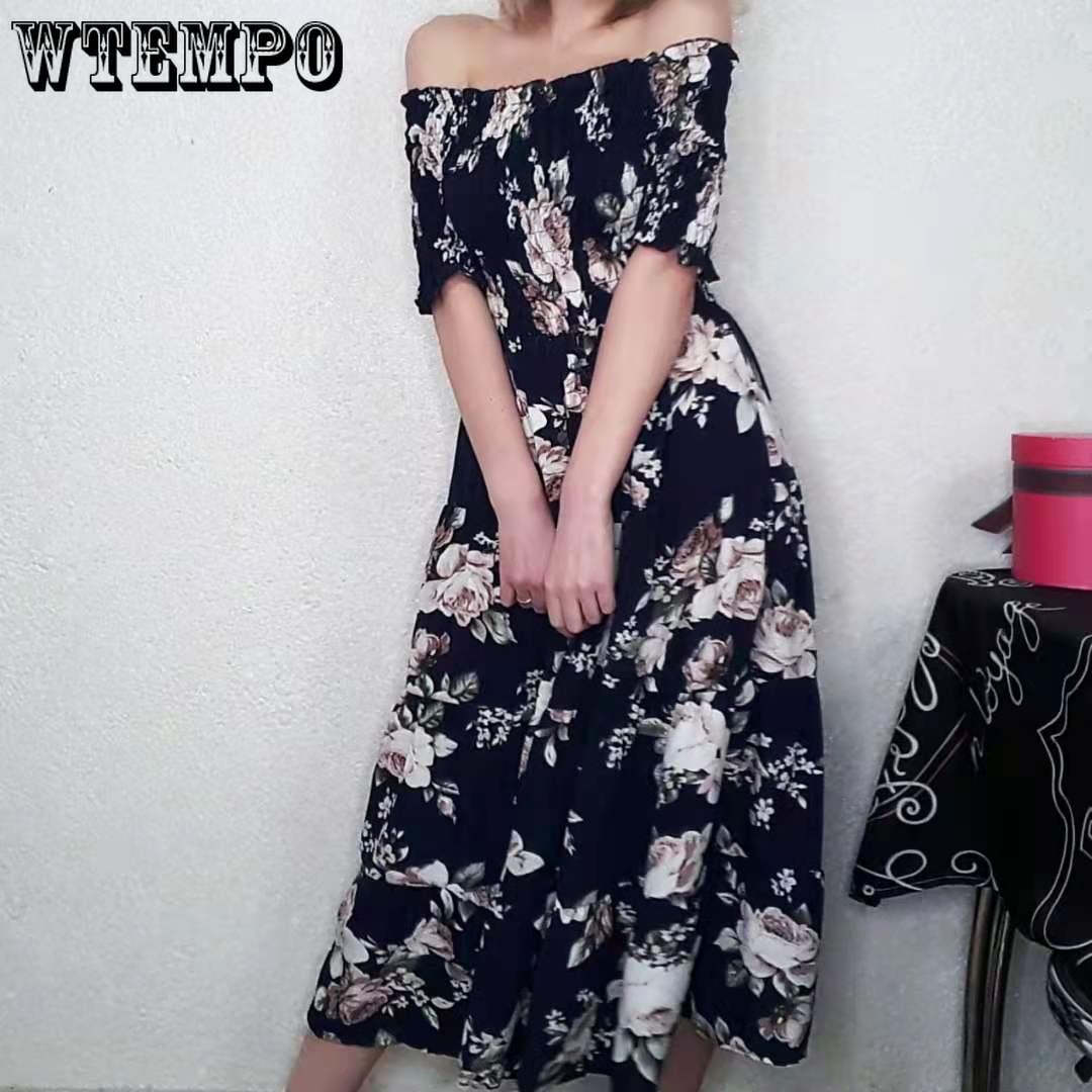 Woman Sexy One-shoulder Dress Long Retro Floral Elastic High-waist Dress Off-shoulder Party Dress