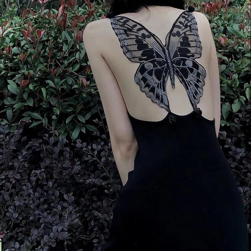 Delicate Back Embroidered Butterfly Flower Knit Elegant Dress Low-cut Backless Suspender Dress