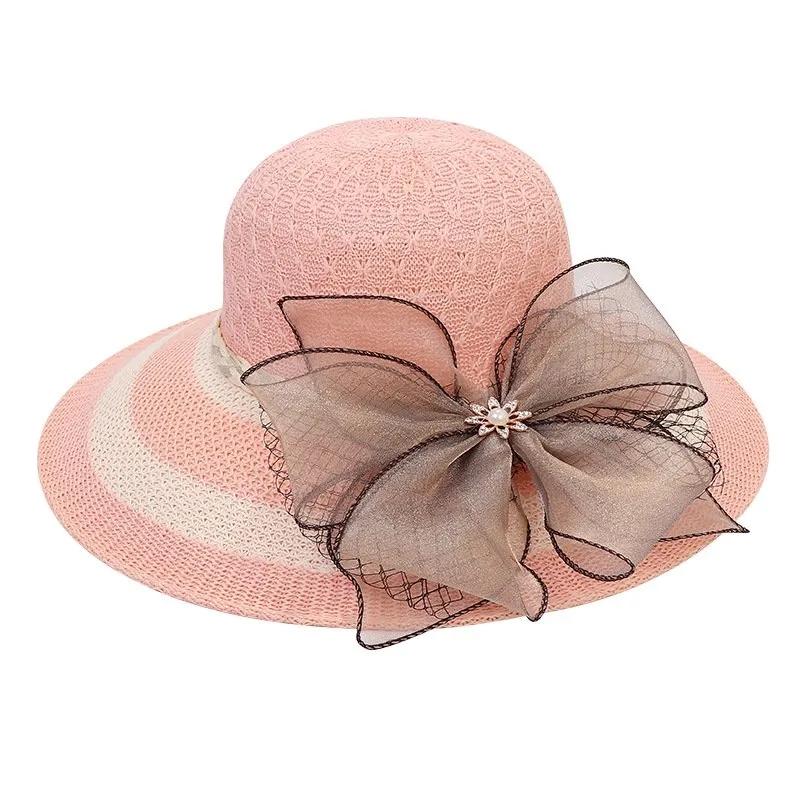 Women's Summer Cotton Linen Knitted Big Brim Sun Hat Beach Bow Ribbon Sunshade Anti-UV Sun Hat Fisherman Hat