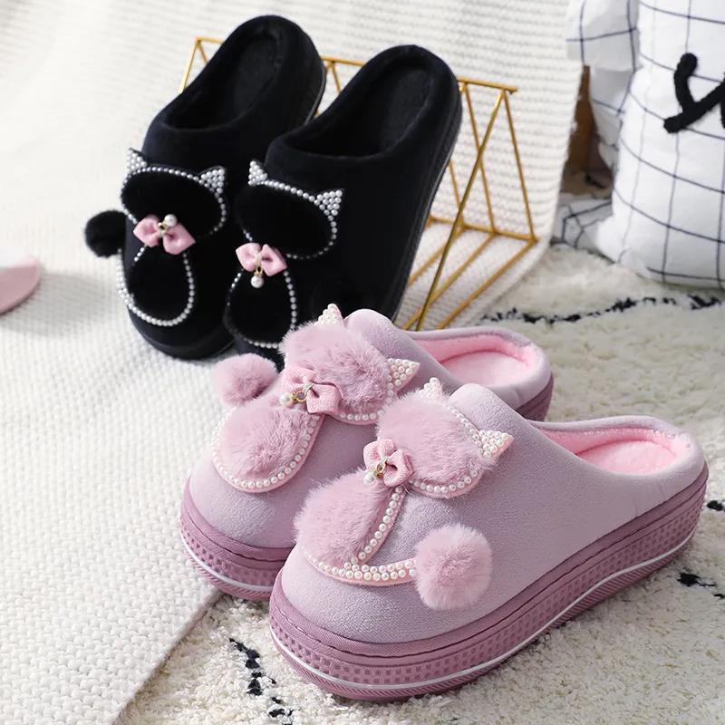 Winter Women's High-heeled Thick-soled Home Cotton Slippers Anti-slip Plush Slippers Confinement Shoes