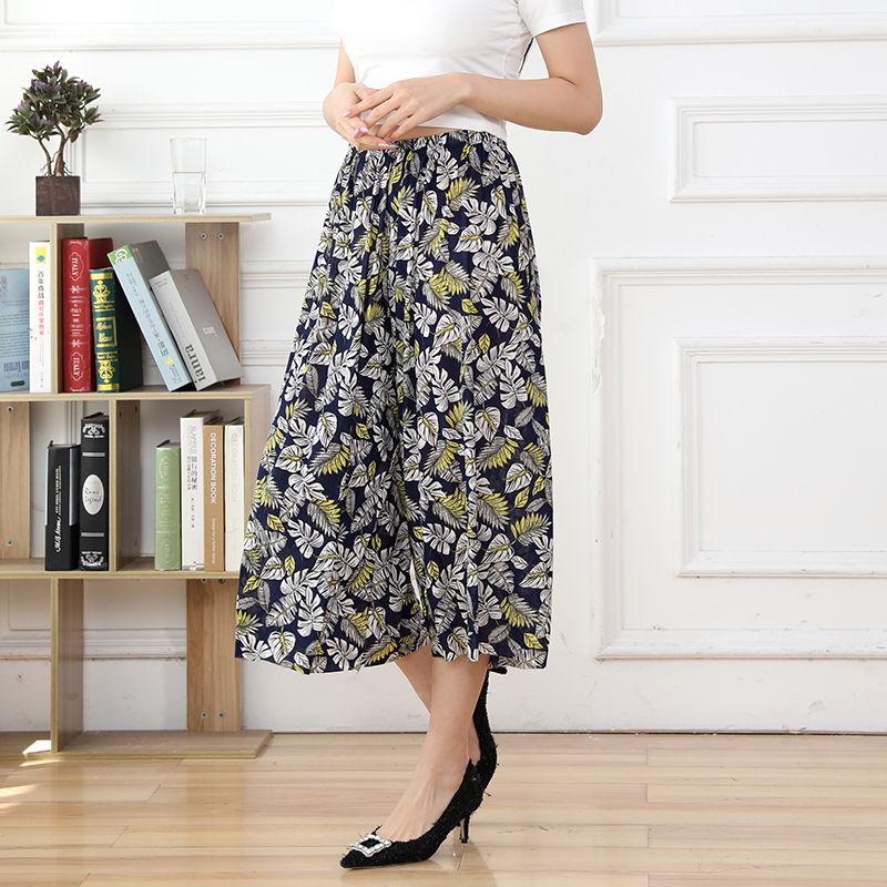 Women Summer Big Size High Waist Wide Leg Casual Culottes Loose Elastic Waist Floral Printed Thin Cropped Pants