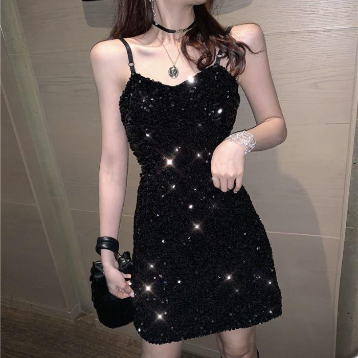 Women's Summer Open Back Solid Color Slim Fit Flash Sequin Suspender Hip Wrap Short Dress