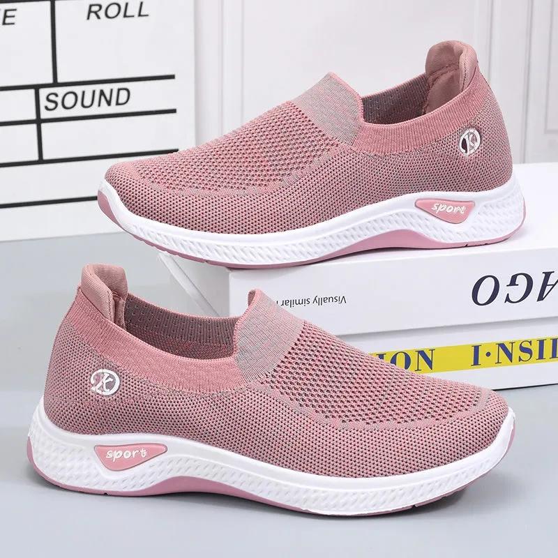 Women's Slip on Flat Shoes Non-slip Soft Bottom Breathable Mesh Knitted Sneakers Casual Sports Shoes Spring and Autumn Outdoor Walking Shoes