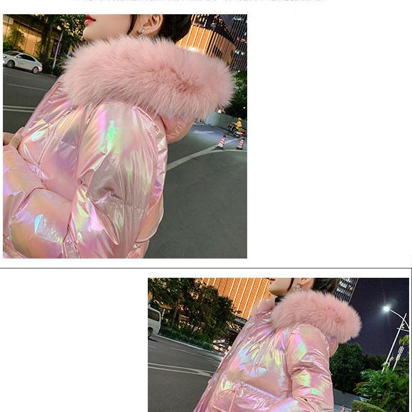 Winter Padded Coat Women Loose Padded Jacket Big Fur Collar Bright Surface Thickened Bread Coat Padded Coat Women