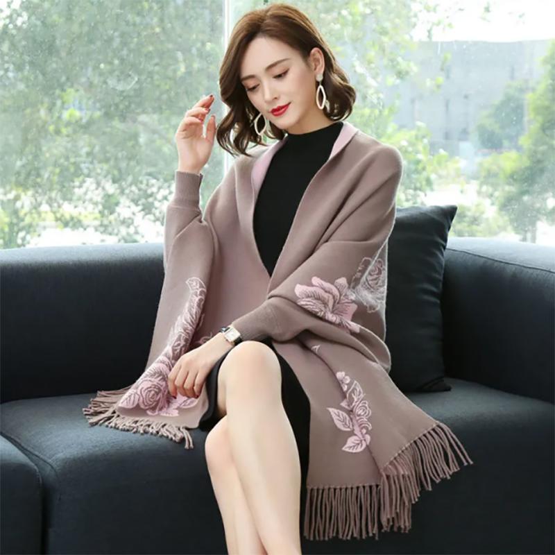 Sleeve Scarfs Female Wool Jacquard Thickened Warmth Cloak-style Double-sided Cloak Scarf Dual-use