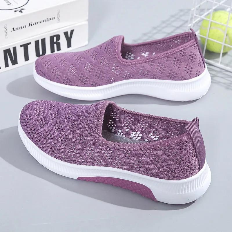 Summer Hollow Out Breathable Slip-on Flat Shoes Women's Fly-woven Mesh Shoes Middle-aged Elderly Non-slip Flat Mesh Shoes