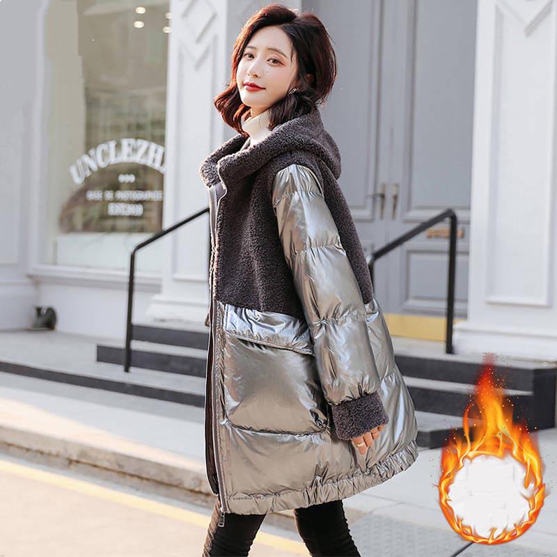 Autumn Winter Mid-length Down Jacket and Stitching Lamb Cotton Coat Women