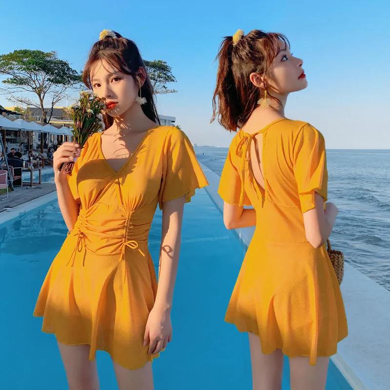 One-Piece Swimsuit Women's Skirt Thin V-neck Small Chest Gathering Boxer One-Piece Swimsuit Women's Skirt A-line Swim Dress