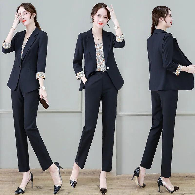 3PCS Women's Suit Three-piece Suit Spring and Autumn Casual Jacket + Floral Vest + Straight Trousers Professional Suit Ladies Thin Solid Color Suit