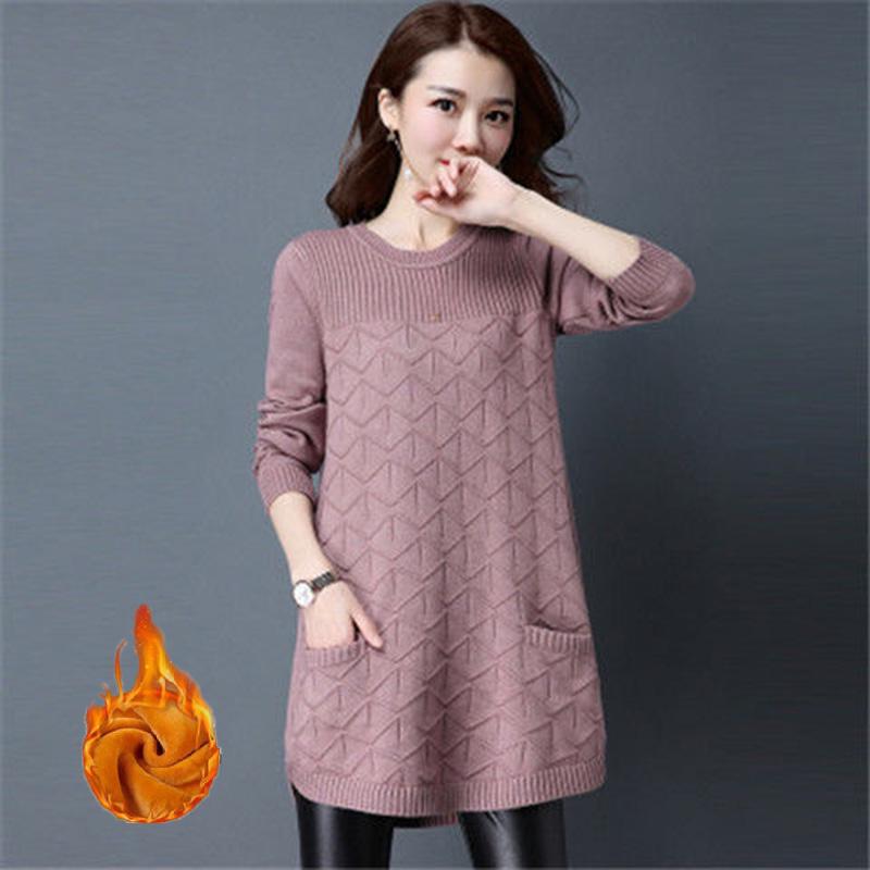 Thick and Velvet Mid-length Sweater Women's Low Round Neck Spring and Autumn Large Size Pullover Loose Knit Bottoming Sweater Sweater Skirt