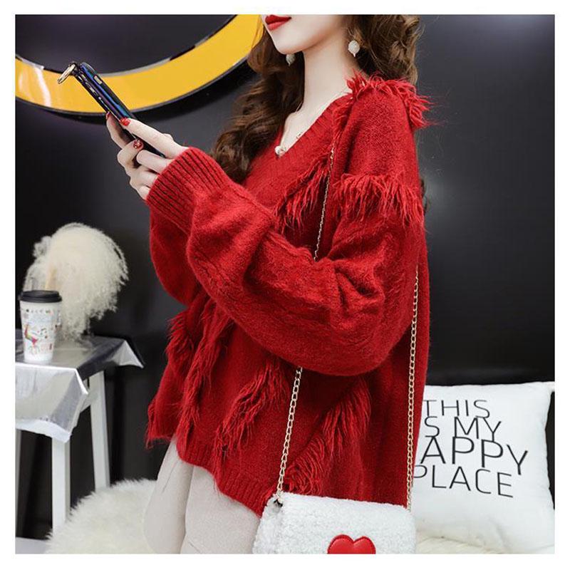 Sweater Women Red Loose Lazy Style V-neck Sweater Young Women Solid Color Fashion Top