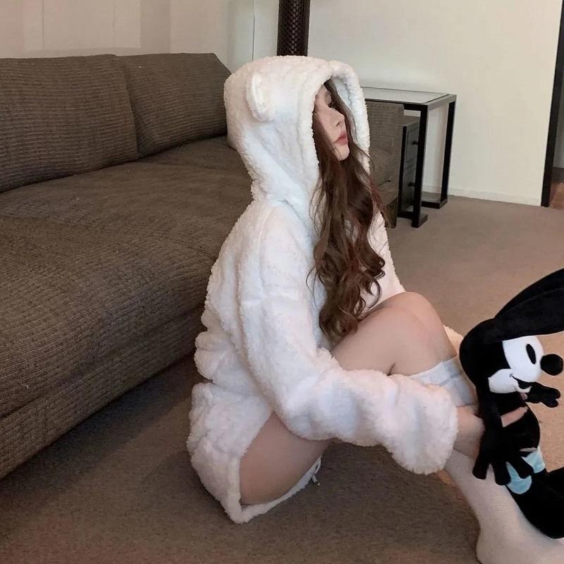 Faux Lamb Wool Coat Top Pants Two-piece Set Cute Plush Bear Ear Hooded Women's Sexy Homewear Short Pants Suit