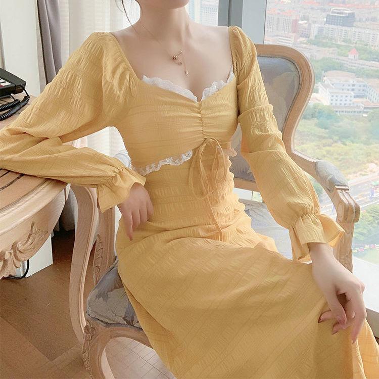 Women's Spring and Summer Simple French Elegant Square Collar Small Crowd Waist Show Slim Solid Color Dress