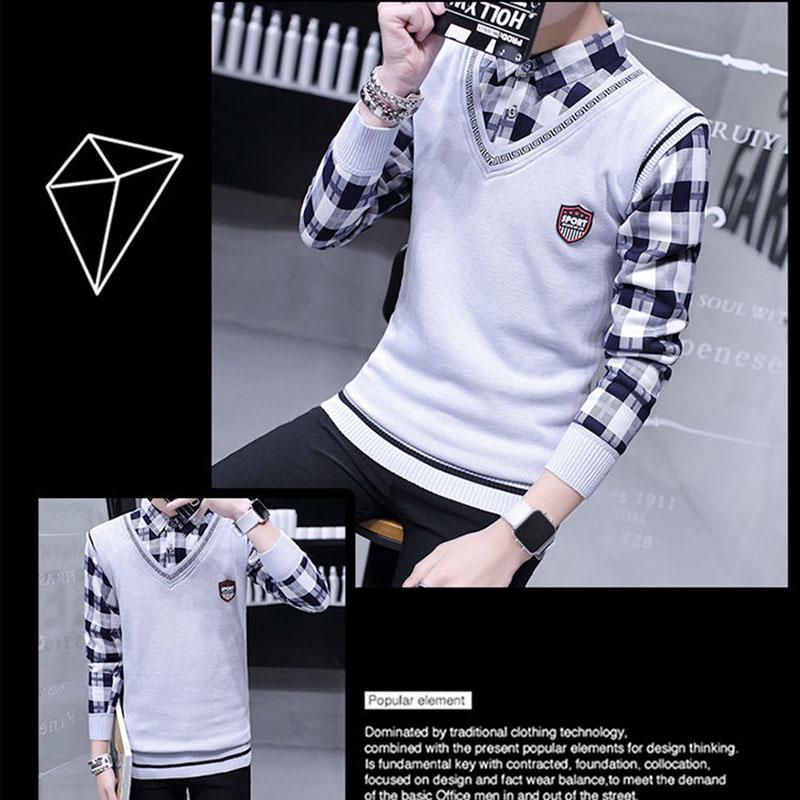 Autumn and Winter Men's Sweater Shirt Fake Two-piece Plus Velvet Thick Knit Sweater Slim Pullover for Teenagers