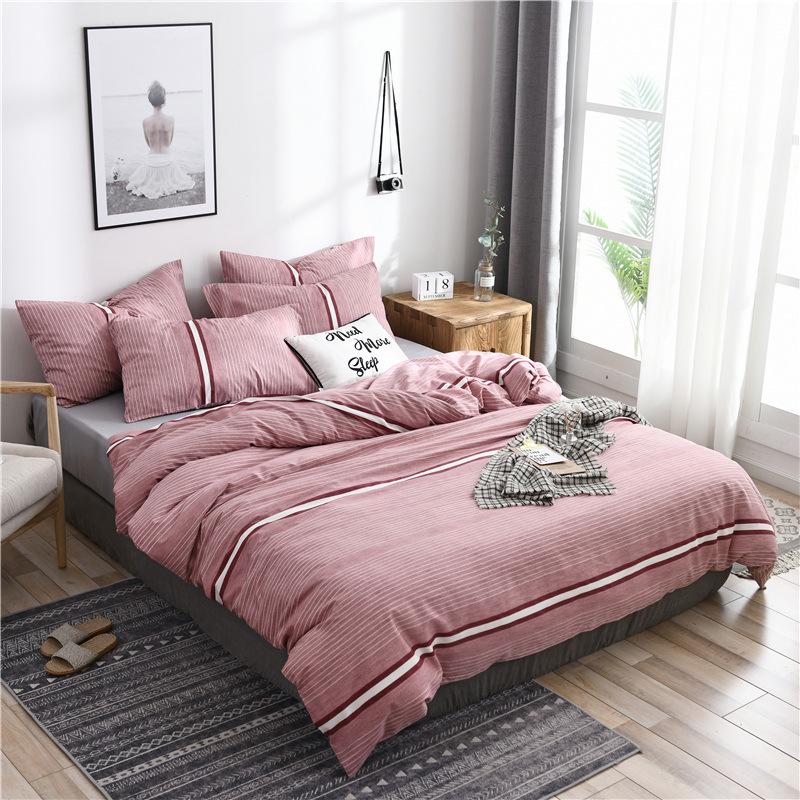 3/4 Pcs Bedding Set Simple Stripes Cotton Printed Bed Sheet Bed Cover Home Textile Bedclothes