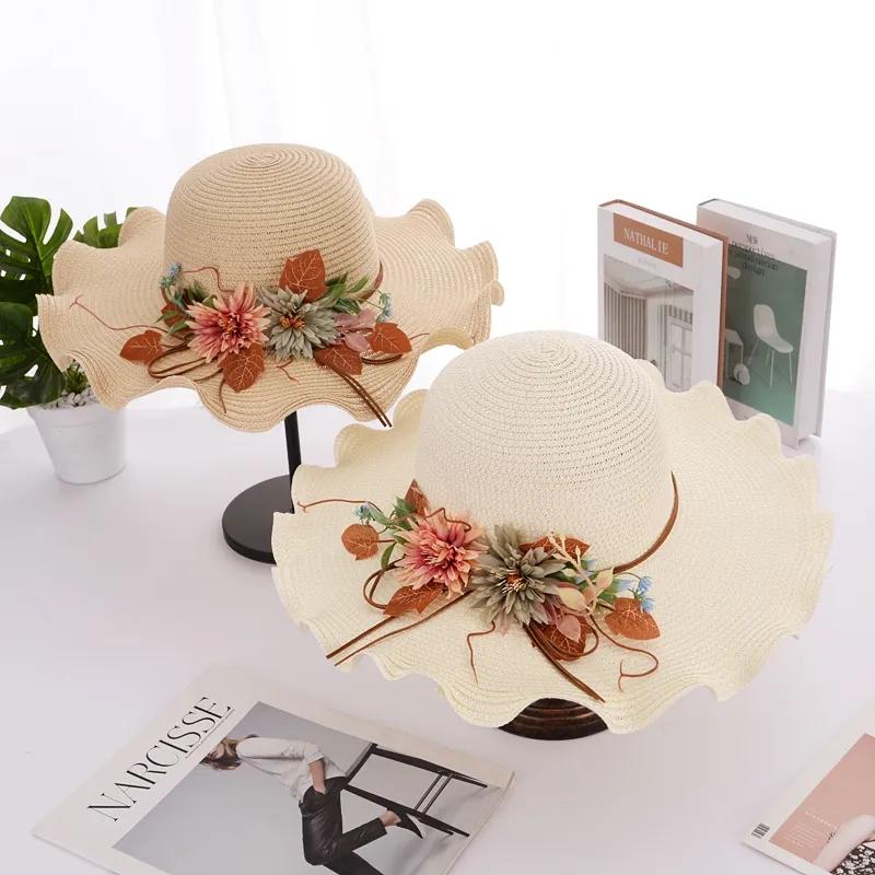 Women's Summer Flower Straw Hat Beach Foldable Sunscreen Sun Cap Anti-UV Sunshade Big Edge Vacation Cap