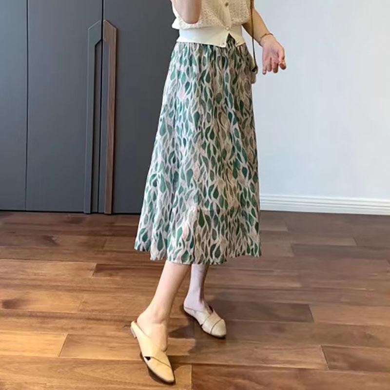 Woman Skirts Summer Breathable A-line Skirts Loose Casual Mid-length Skirt Female Elastic High Waist Printed Skirt