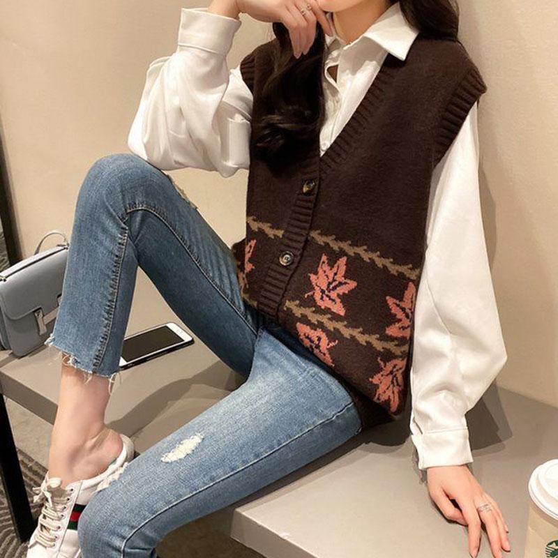 Spring and Autumn Fashion Knitted Vest Cardigan Loose and Versatile Tops Fashion Jacquard Women Sweater