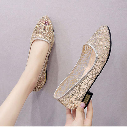 Summer Thick Heel Sandals Women Mesh Hollow Out Pointed Single Shoes Korean All-match Medium Heel Work Sandals Comfortable Breathable Sandals