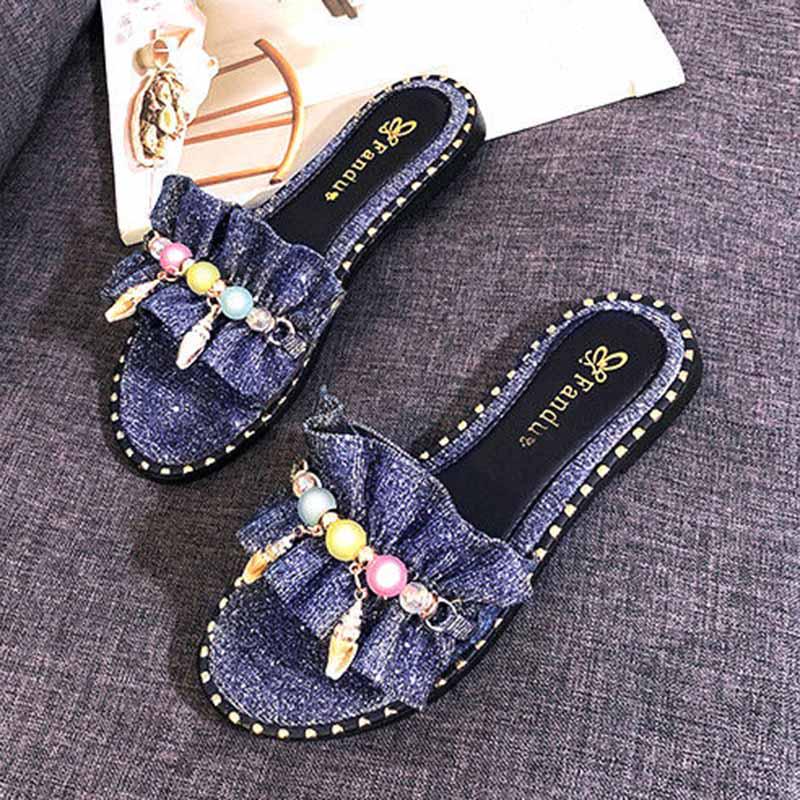 Plus Size 35-40 Summer Women Outdoor Leather Flat Bohemian Beach Wear-resistant Non-slip Office Lady Bead Sandals