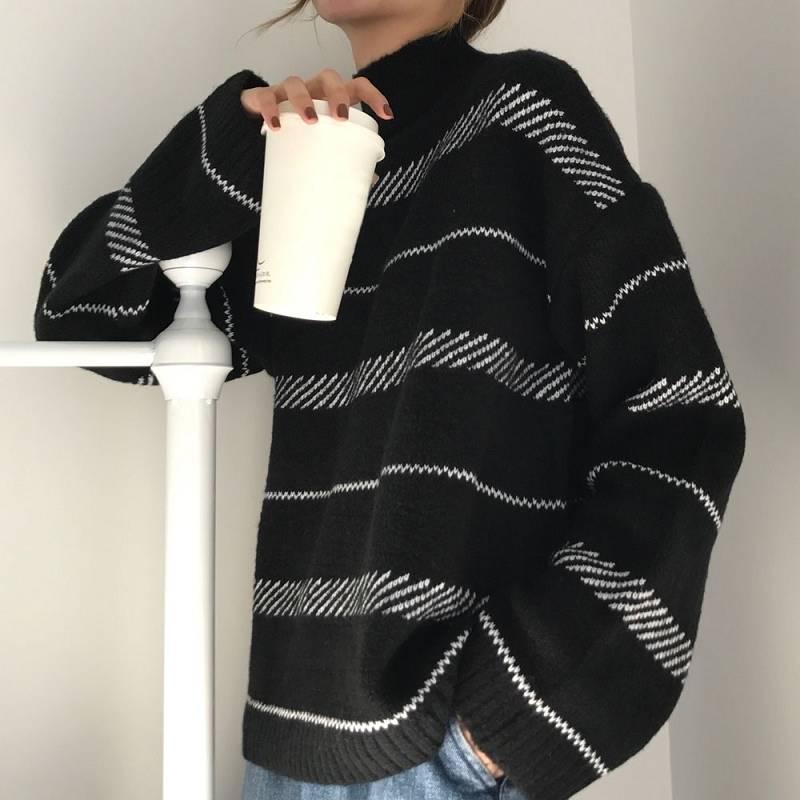 Pofulove Autumn Winter Pullover Striped Turtleneck Short Sweater Female Loose Long-sleeved Sweater