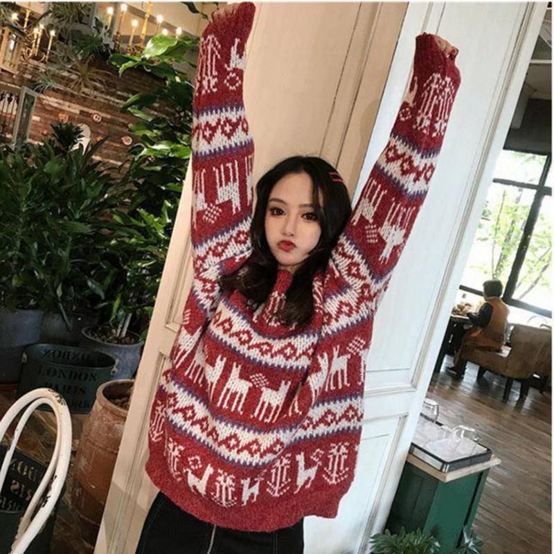 Pofulove Christmas red sweater women retro lazy loose retro net red mid-length pullover thickened