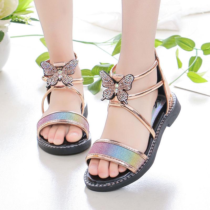 Girls Sandals Summer Korean Princess Sandals Rhinestone Roman Sandals Non-slip Soft Bottom Big Kids