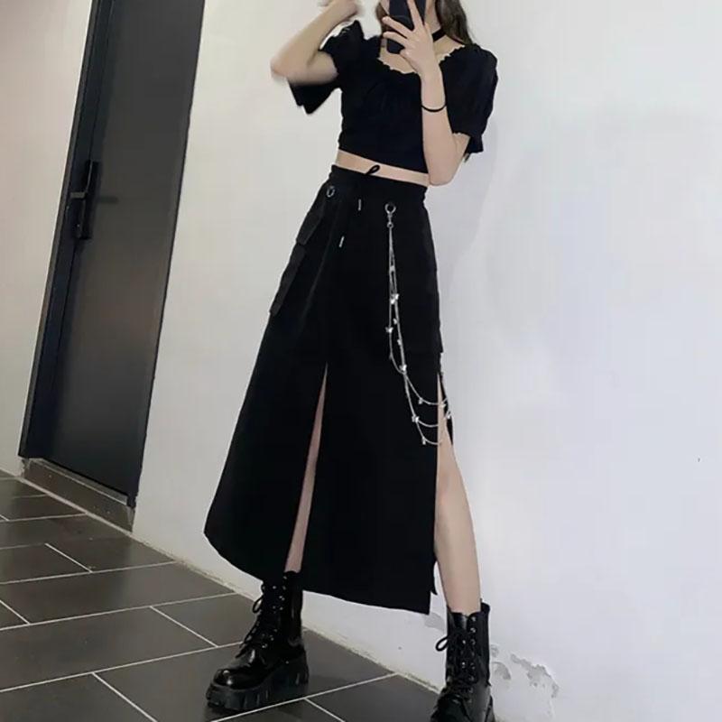 Women Long Black Skirt Elastic High Waist Streetwear Skirts Girl's Loose Casual Skirt Club Split Butterfly Chain Skirts