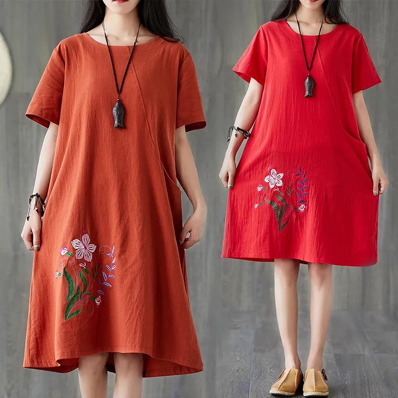 Women's Summer Cotton Hemp Loose Large Size Embroidered Dress Short Sleeve Solid Color Casual Mid-length Dress