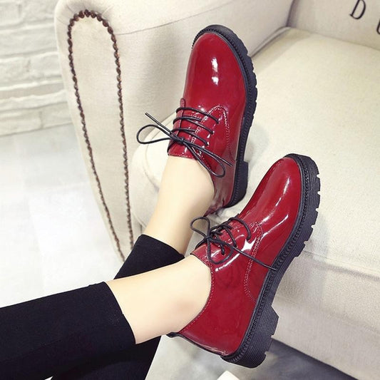 Small Leather Shoes Women's Patent Leather Thick Heel Lace-up Vintage British Round Toe Mid-heel Shoes Light and Soft