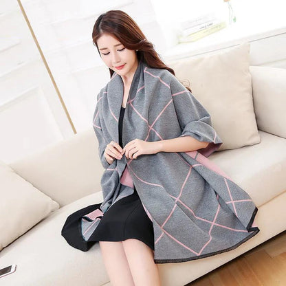 Women's Spring Autumn Scarf Cloak Wool Shawl Thick Korean Cashmere Texture Warm Long Plaid Double-sided Scarf Multi-purpose Scarf Shawl