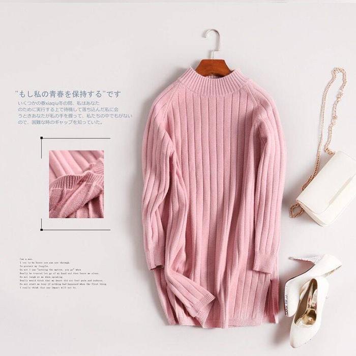 Women Round Collar Warm Pullover Sweater Dress Stripe Knitted Bottoming Shirt Knit Dress