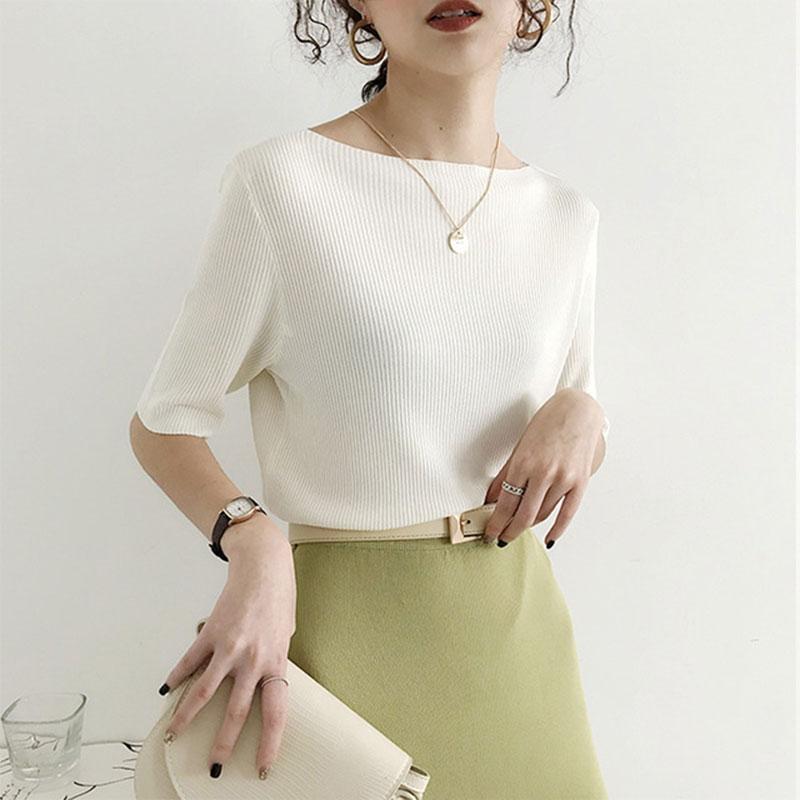 Women's Ice Silk Short-sleeved Summer One-word Collar Five point sleeve T-shirt Loose Middle-sleeved Korean Version All-match Bottoming Shirt Top