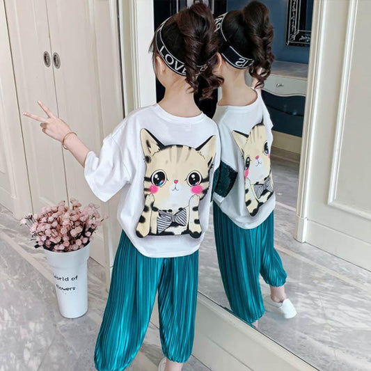 Girls Short-sleeved T-shirt Suit Summer Breathable Leisure Sports Two-piece Suit Children's Cotton Soft and Comfortable Clothes